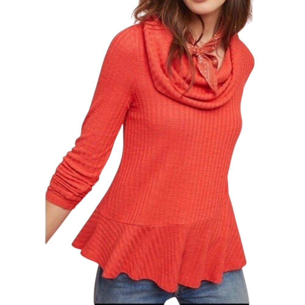 Anthropologie Maeve Addie Ruffled Hacci Pullover Cowl Neck Orange L NWT Cozy